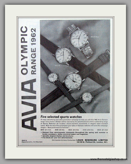 Avia Watches Olympic Range 1962. Original Advert 1962.  (ref AD7302)
