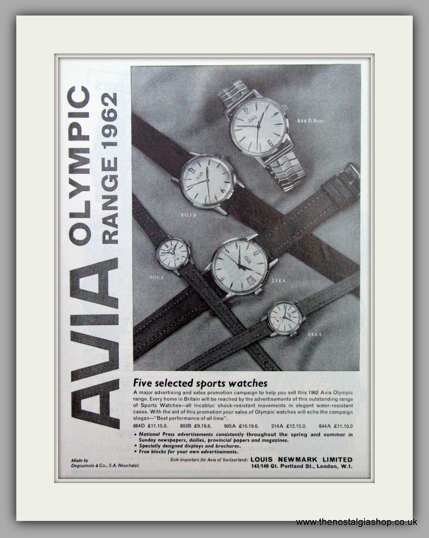 Avia Watches Olympic Range 1962. Original Advert 1962.  (ref AD7302)