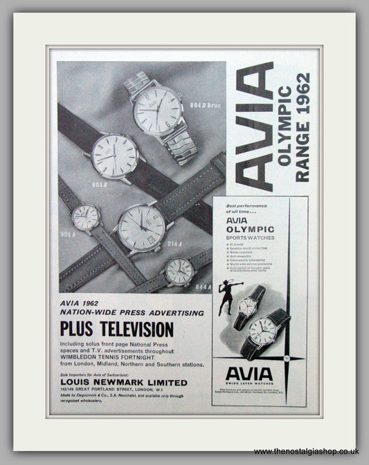 Avia Watches Olympic Range 1962. Original Advert 1962.  (ref AD7311)
