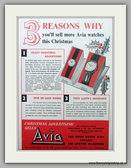 Avia Watches. Original Advert 1955.  (ref AD7315)