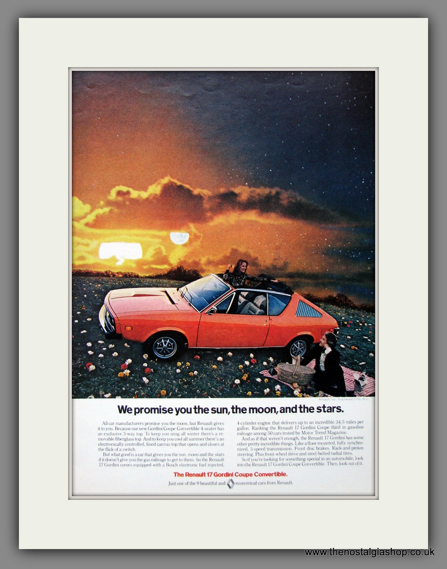 Renault 17 Gordini Coupe Convertible. Original American Advert 1974 (ref AD54601)