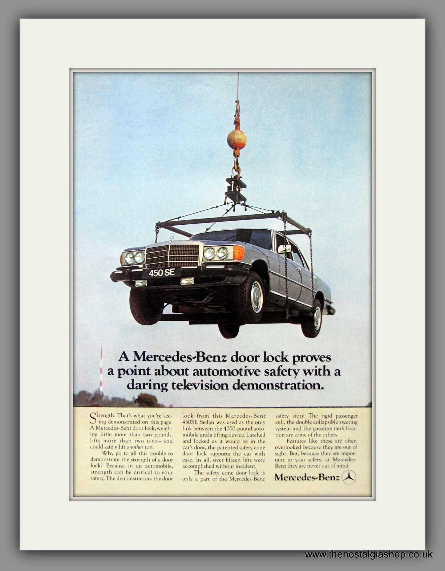 Mercedes Benz Strength and Safety. Original American Advert 1974 (ref AD54684)