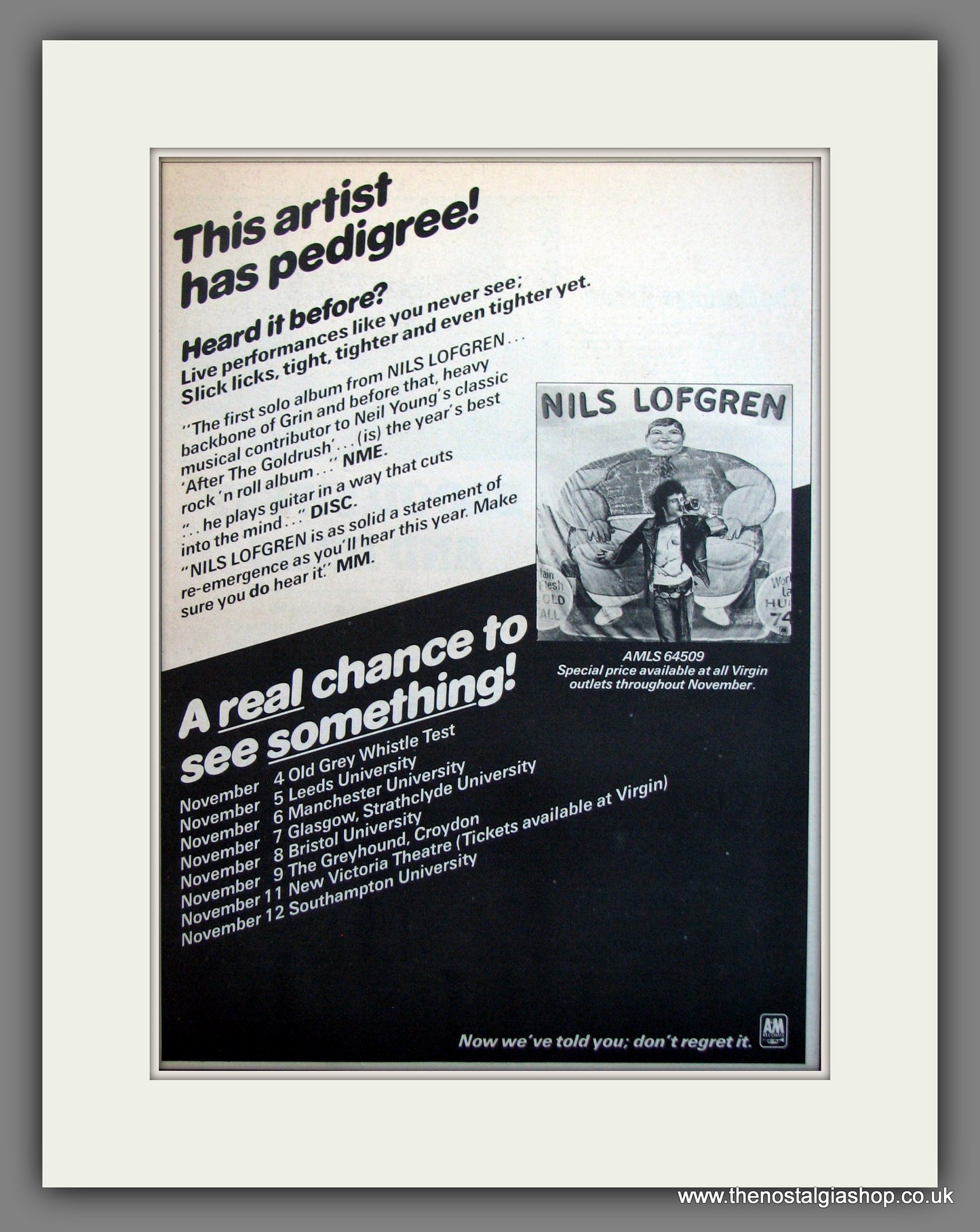 Nils Lofgren. UK Tour Dates. Original Advert 1975 (ref AD12038)