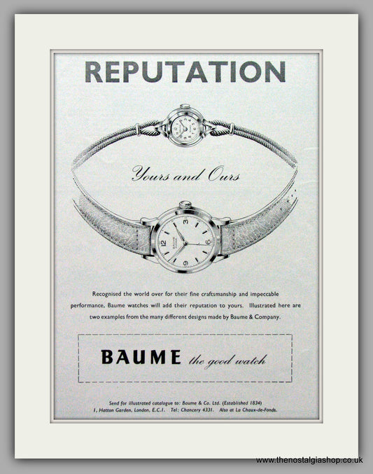Baume Watches. Original Advert 1955.  (ref AD7588)