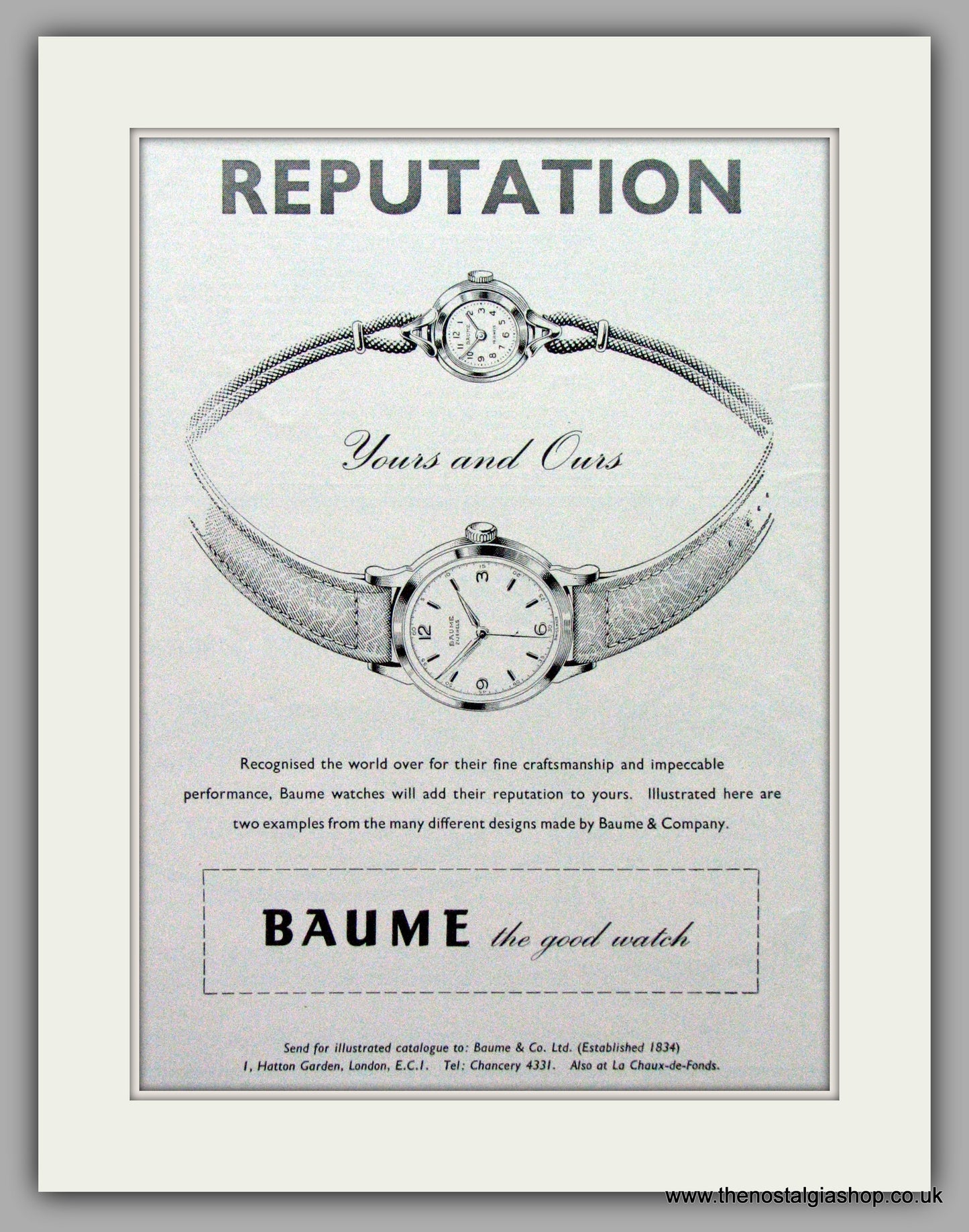 Baume Watches. Original Advert 1955.  (ref AD7588)