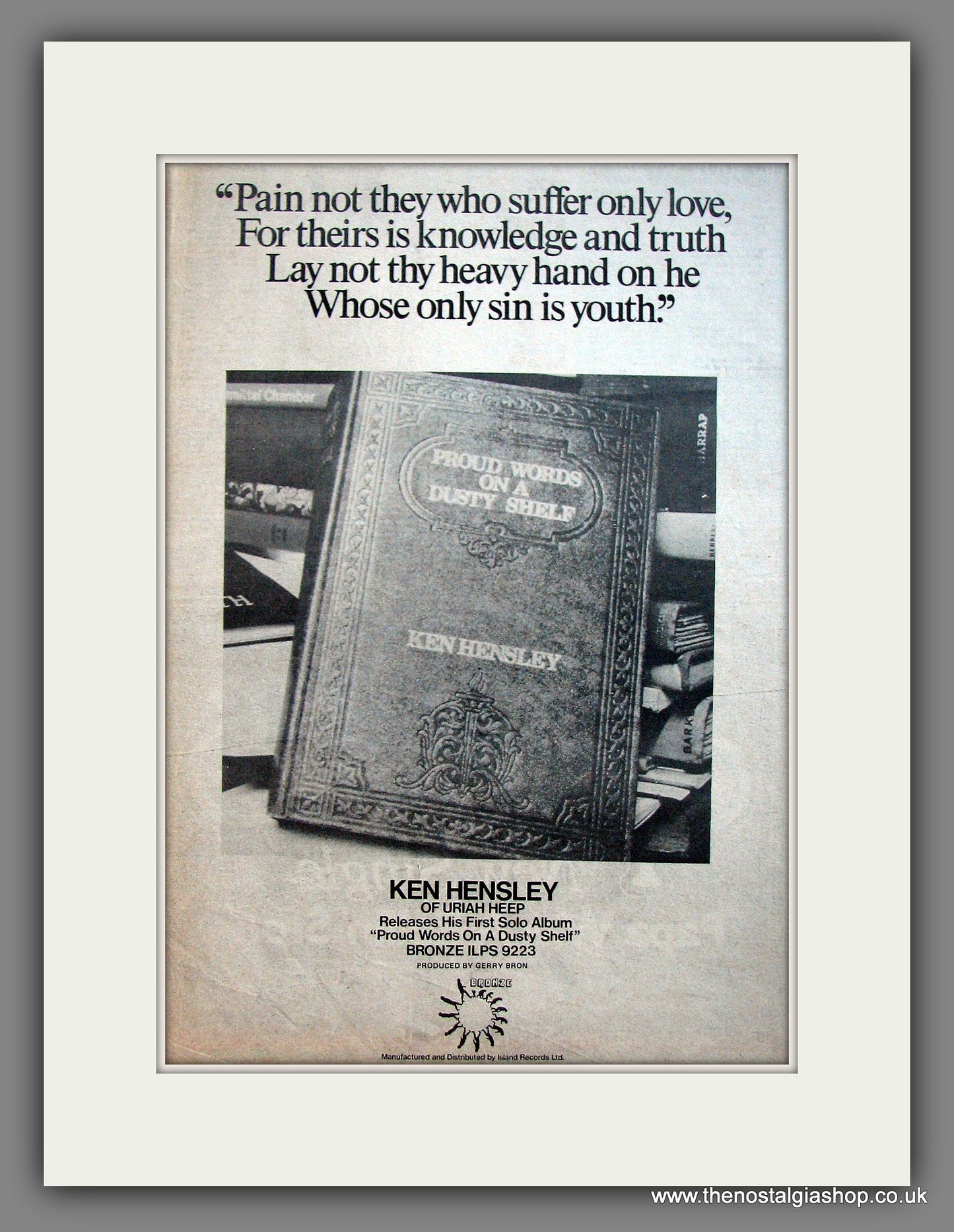 Ken Hensley, Proud Words On A Dusty Shelf. Original Advert 1973 (ref AD11989)