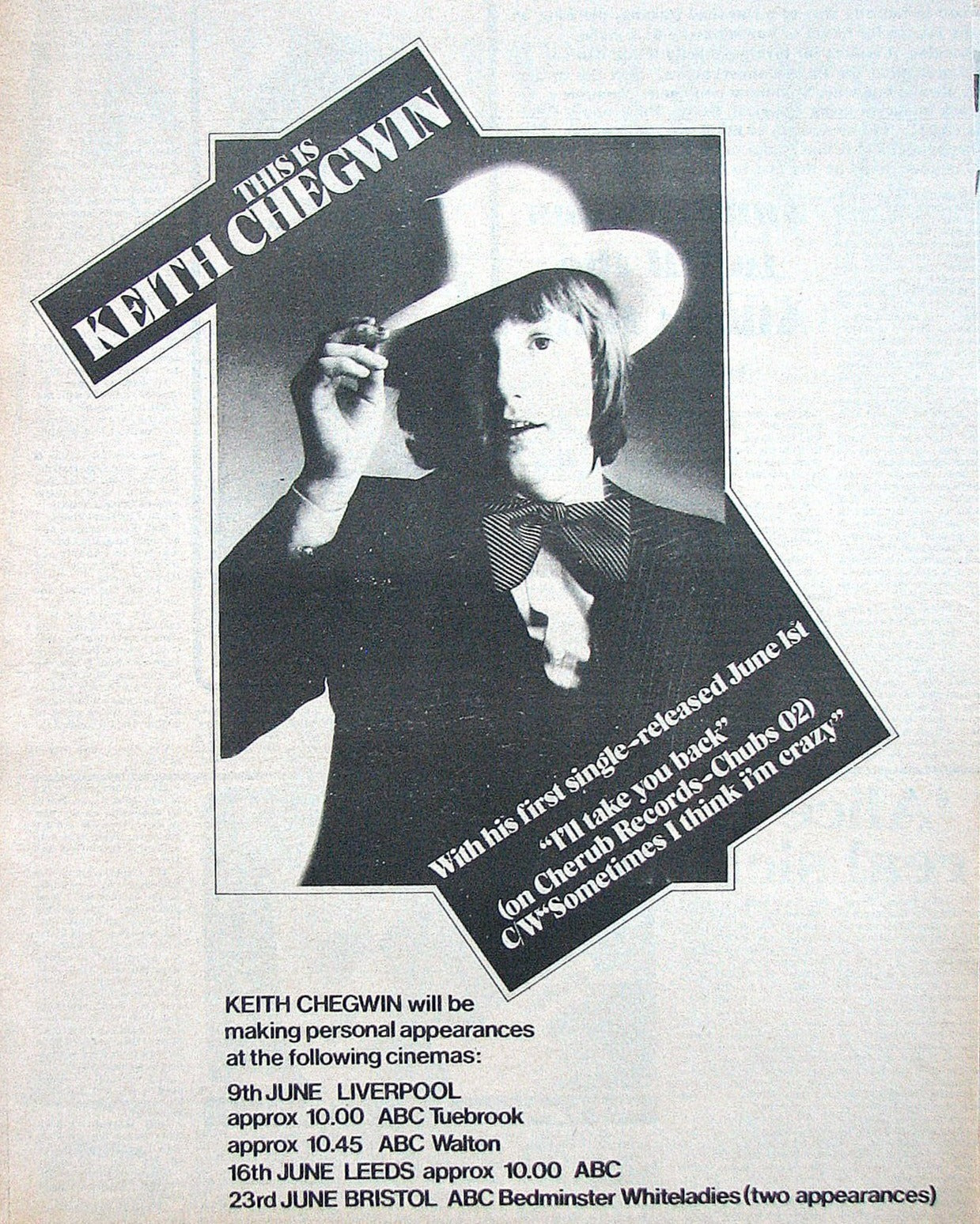 Keith Chegwin. I'll Take You Back. Original Advert 1973 (ref AD11991)