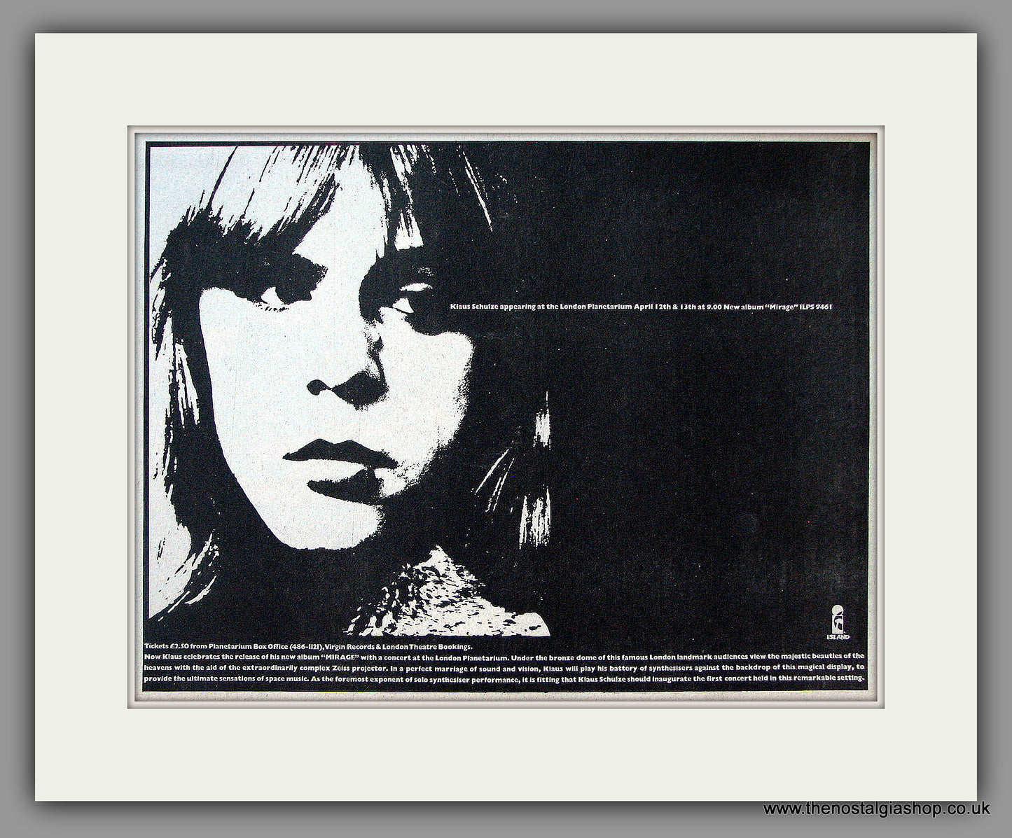 Klaus Schulze. Mirage. Original Advert 1977 (ref AD11982)