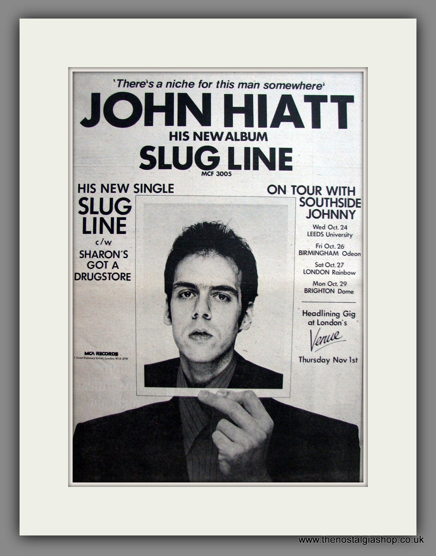 John Hiatt Slug Line. Original Advert 1979 (ref AD12427)