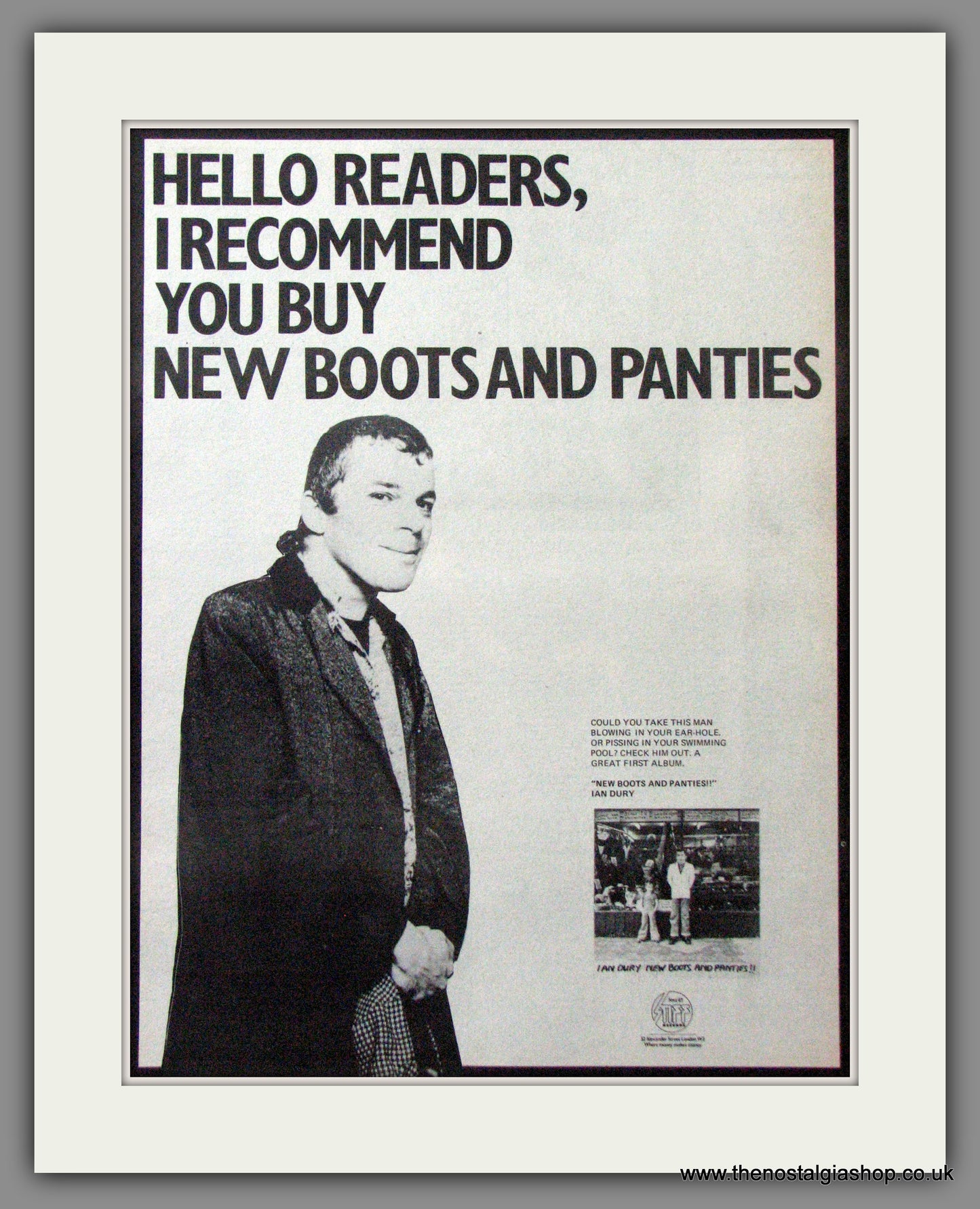 Ian Dury. Debut Album, New Boots and Panties. Original Advert 1977 (ref AD12109)