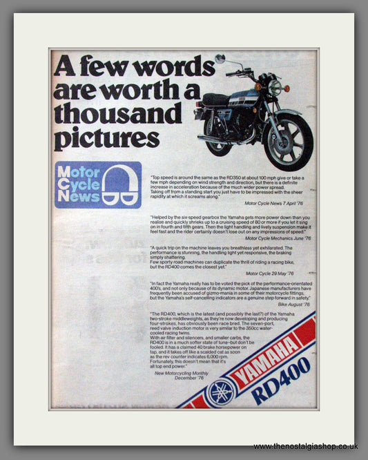 Yamaha RD400 Motorcycle. Original Advert 1977 (ref AD12354)