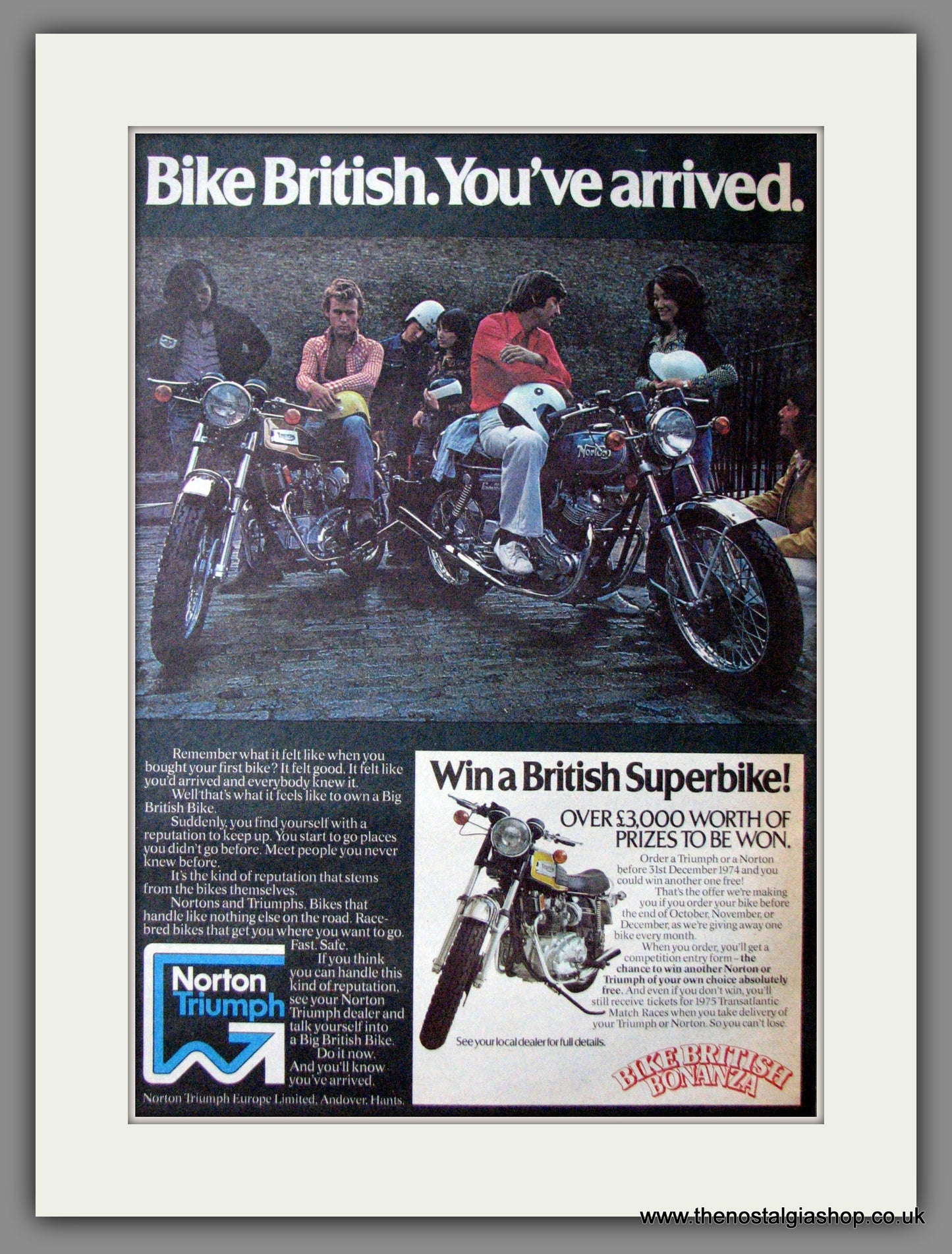 Norton Triumph Motorcycles. Original Advert 1974 (ref AD12388)