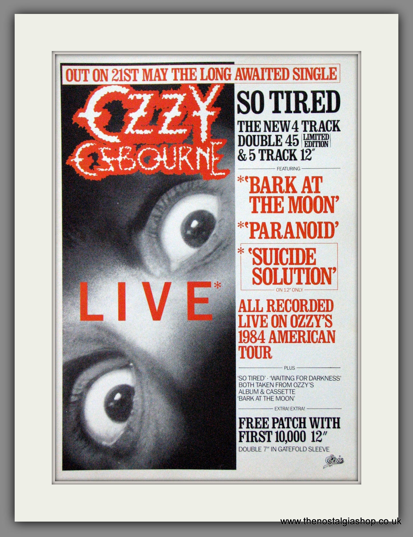Ozzy Osbourne. So Tired, Live 1984. Original Advert (ref AD55080)