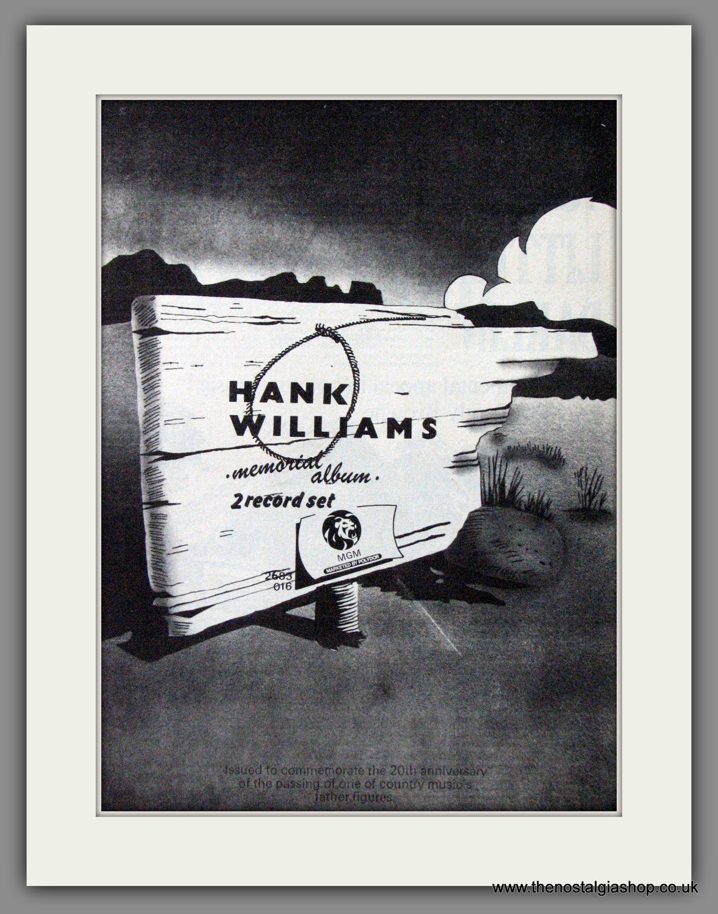 Hank Williams. Memorial Album 1973. Original Advert (ref AD55213)