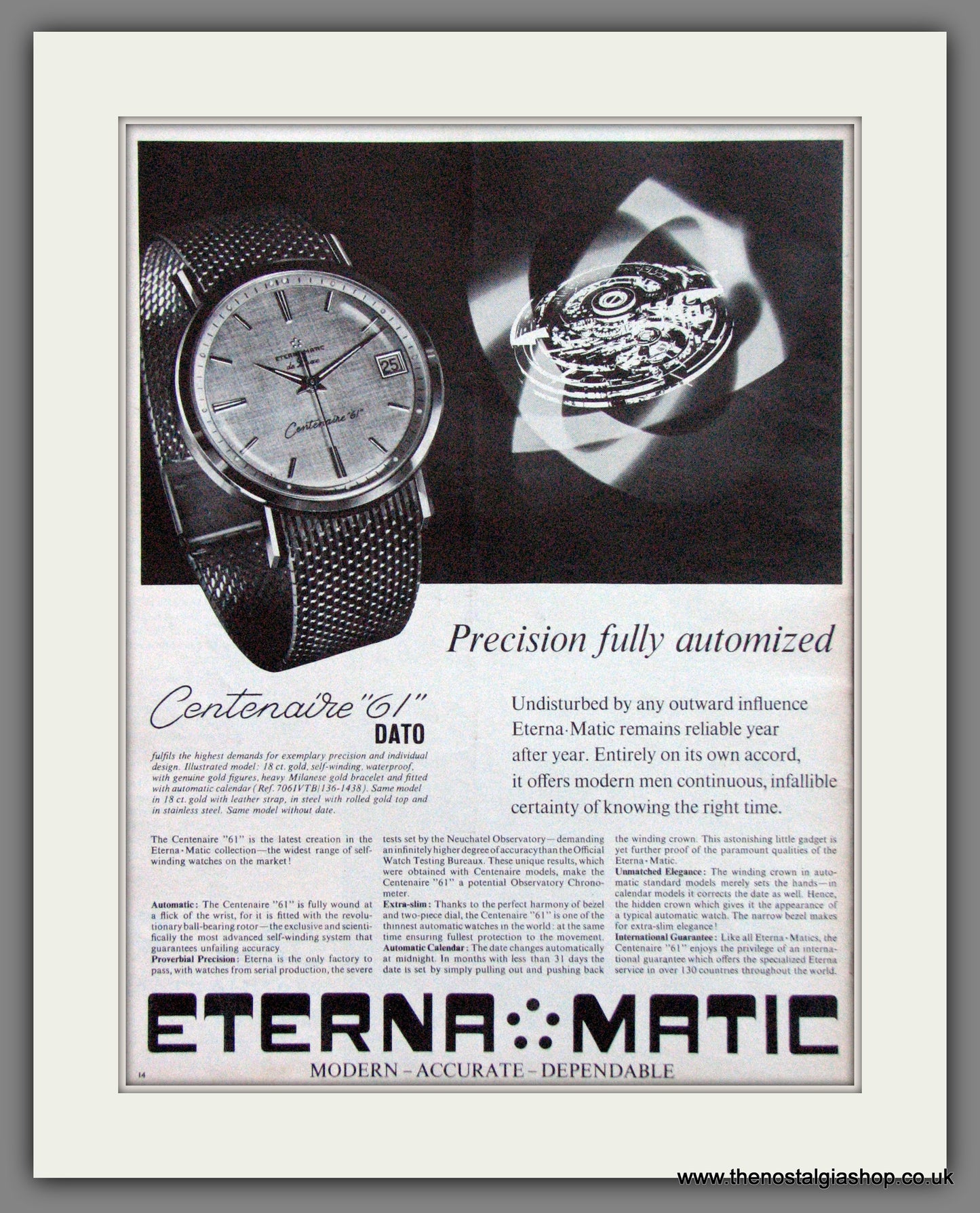 Eterna Matic. Centenaire '61 Watch. Original Advert 1964 (ref AD300150)