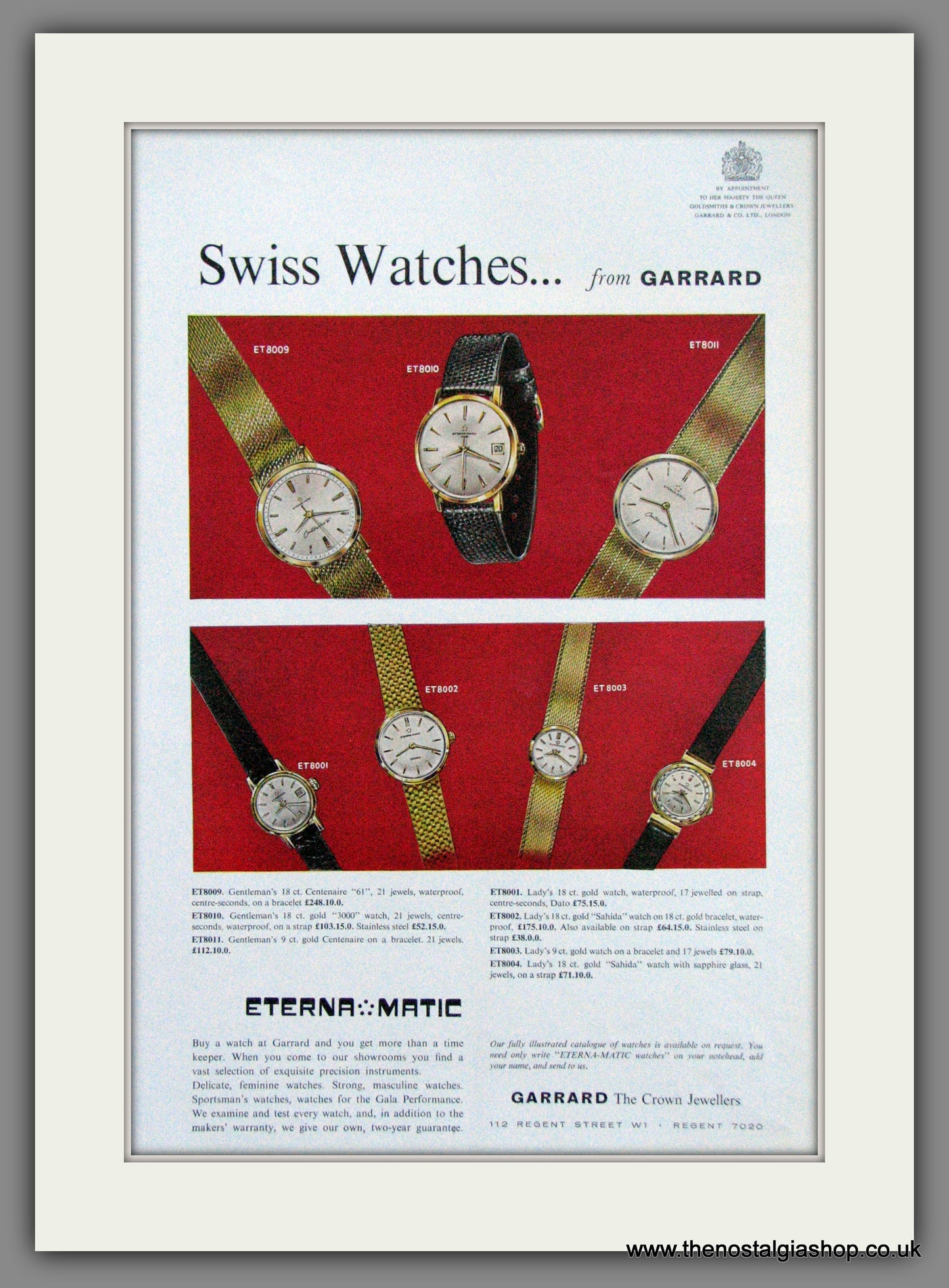 Eterna Matic. Swiss Watches. From Garrard. Original Advert 1964 (ref AD300147)