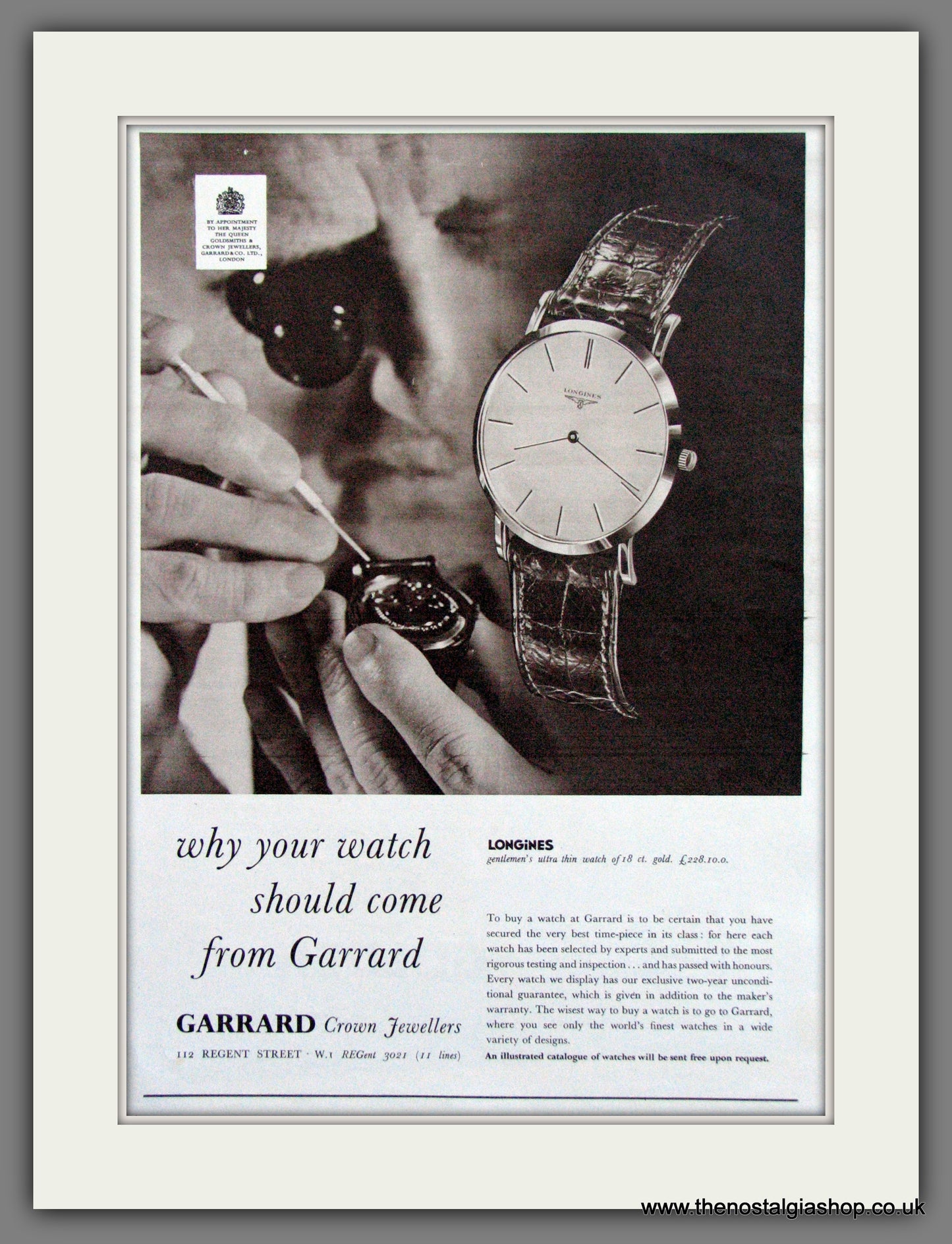 Longines Gentleman's Watch. From Garrard. Original Advert 1961 (ref AD300146)