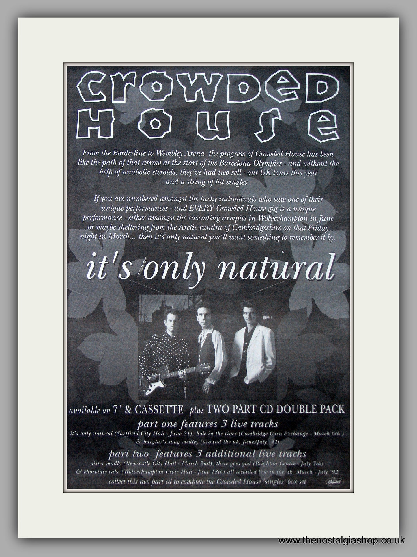 Crowded House - It's Only Natural. Original Vintage Advert 1992 (ref AD10697)
