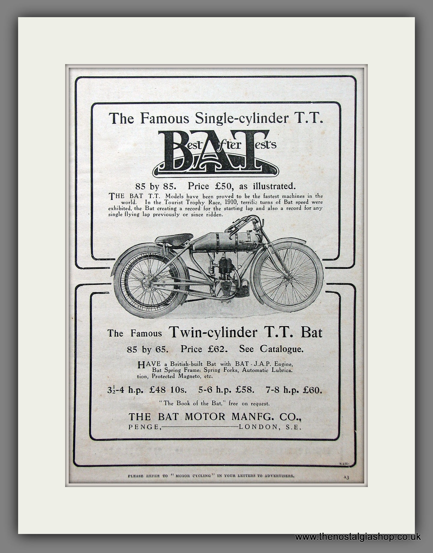 BAT Motor Cycles. Original Advert 1911 (ref AD55365)