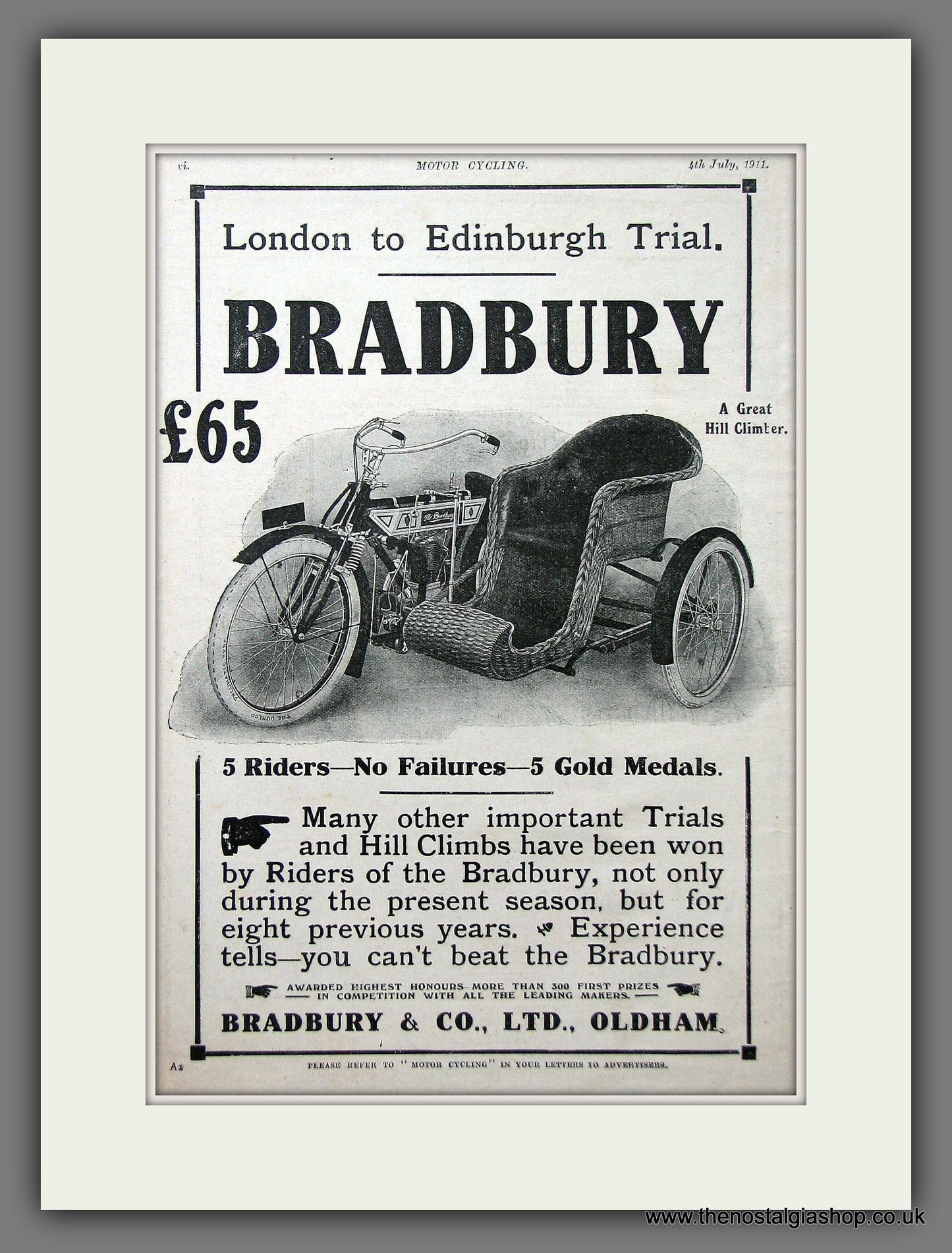 Bradbury Motor Cycle. Original Advert 1911 (ref AD55366)