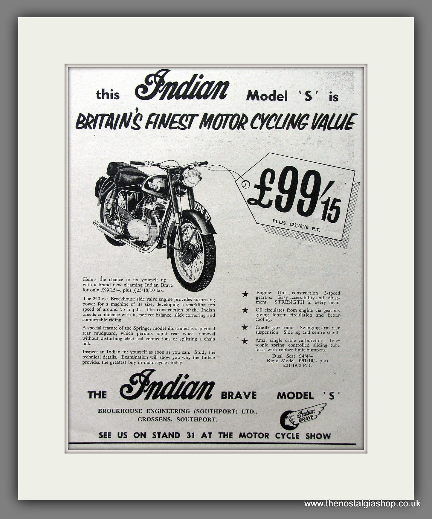 Indian Model S 250cc Motorcycle Original Advert 1955 (ref AD55384)