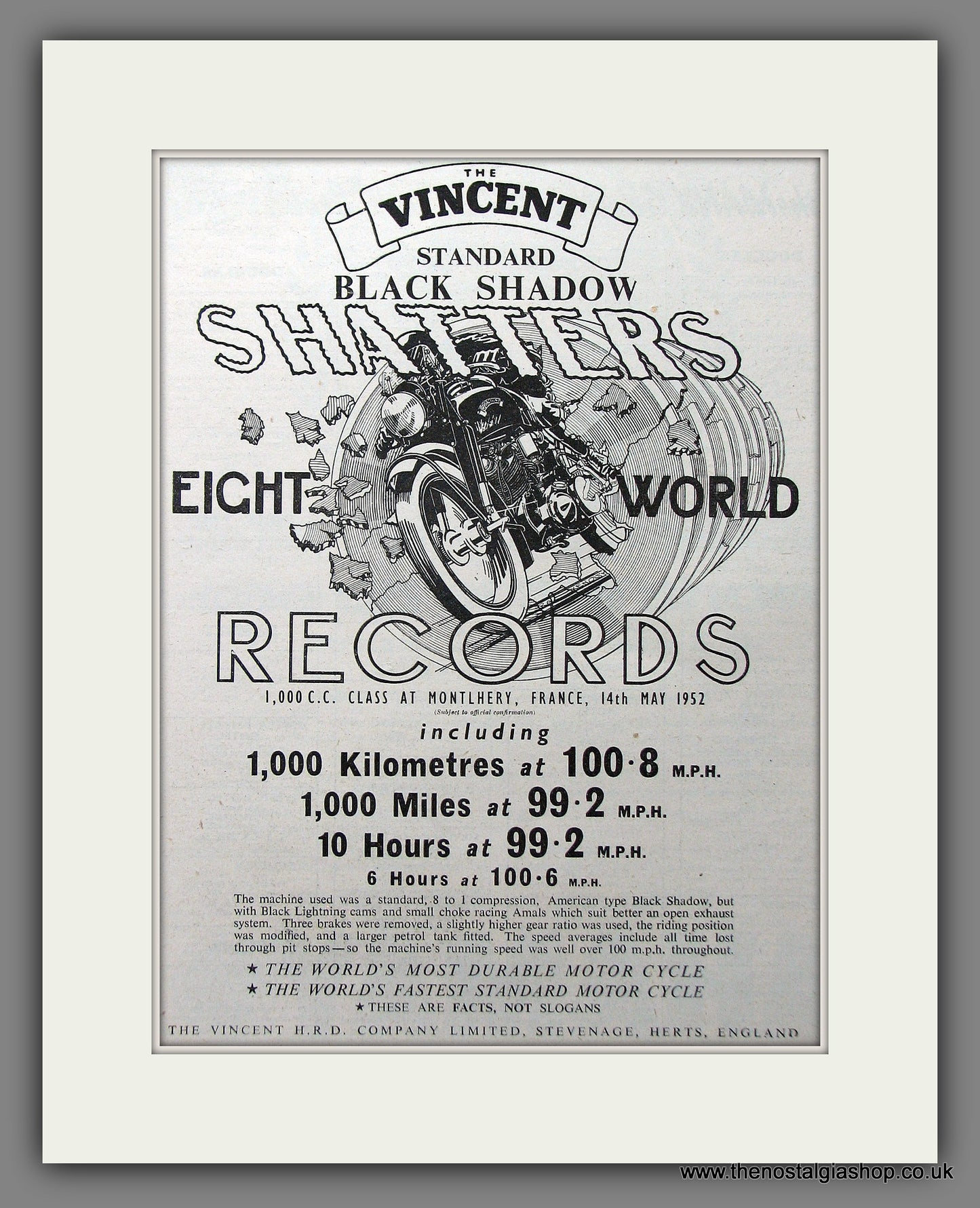 Vincent Black Shadow. World Speed Records. Original Advert 1952 (ref AD55371)