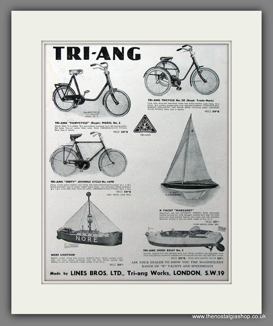 TRI-ANG Boats and Cycles. Original Advert 1938 (ref AD55344)