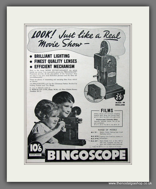 Bingoscope. Children's Projector. Original Advert 1939 (ref AD55358)