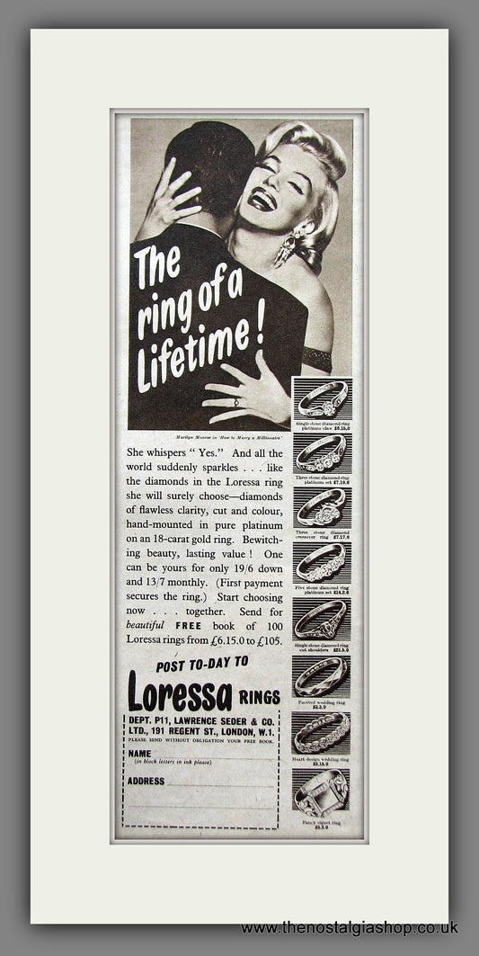 Loressa Rings. Featuring Marilyn Monroe. Original Advert 1954 (ref AD55440)
