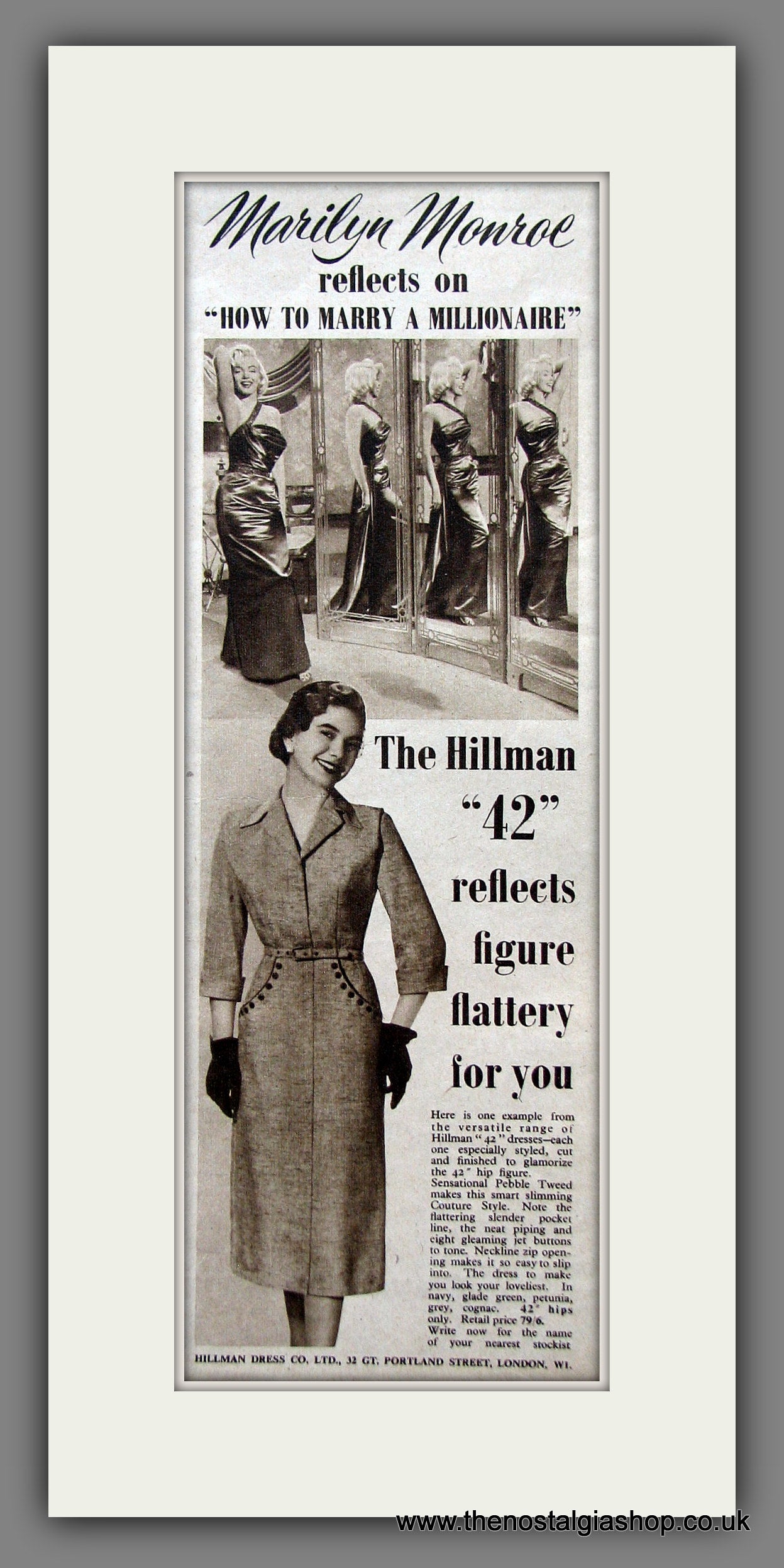 Hillman 42 Dress in Pebble Tweed. Featuring Marilyn Monroe. Original Advert 1954 (ref AD55441)
