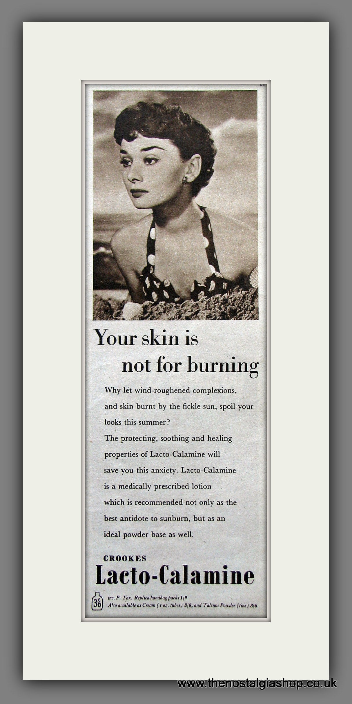 Lacto-Calamine featuring Audrey Hepburn. Original Advert 1952 (ref AD55449)