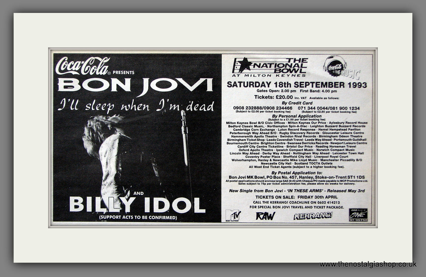 Bon Jovi and Billy Idol. Milton Keynes. Original Music Advert 1993 (ref AD55530)