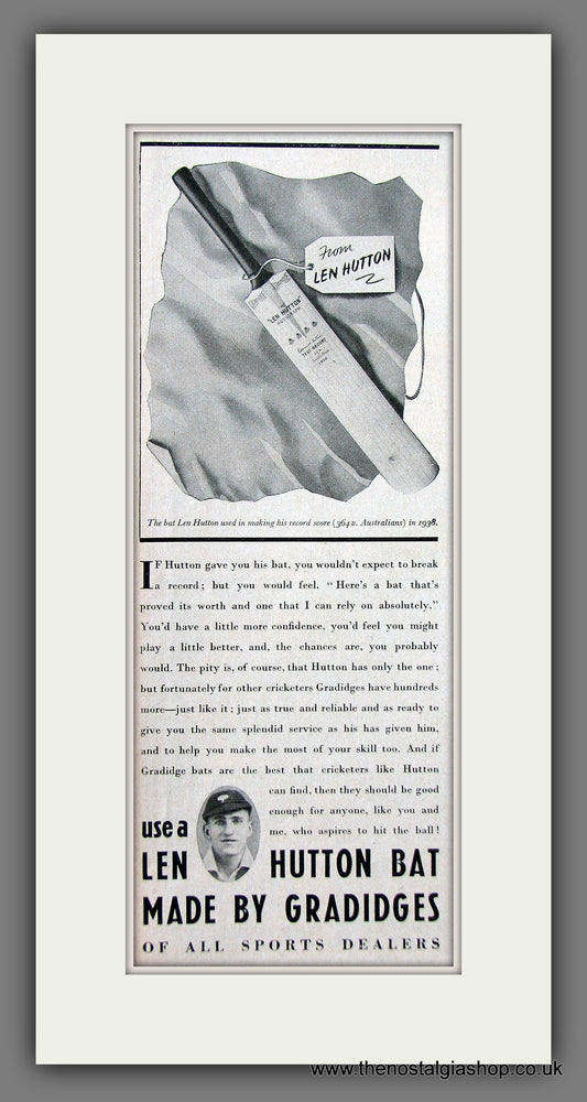 Len Hutton Cricket Bat. Original Advert 1939 (ref AD55552)