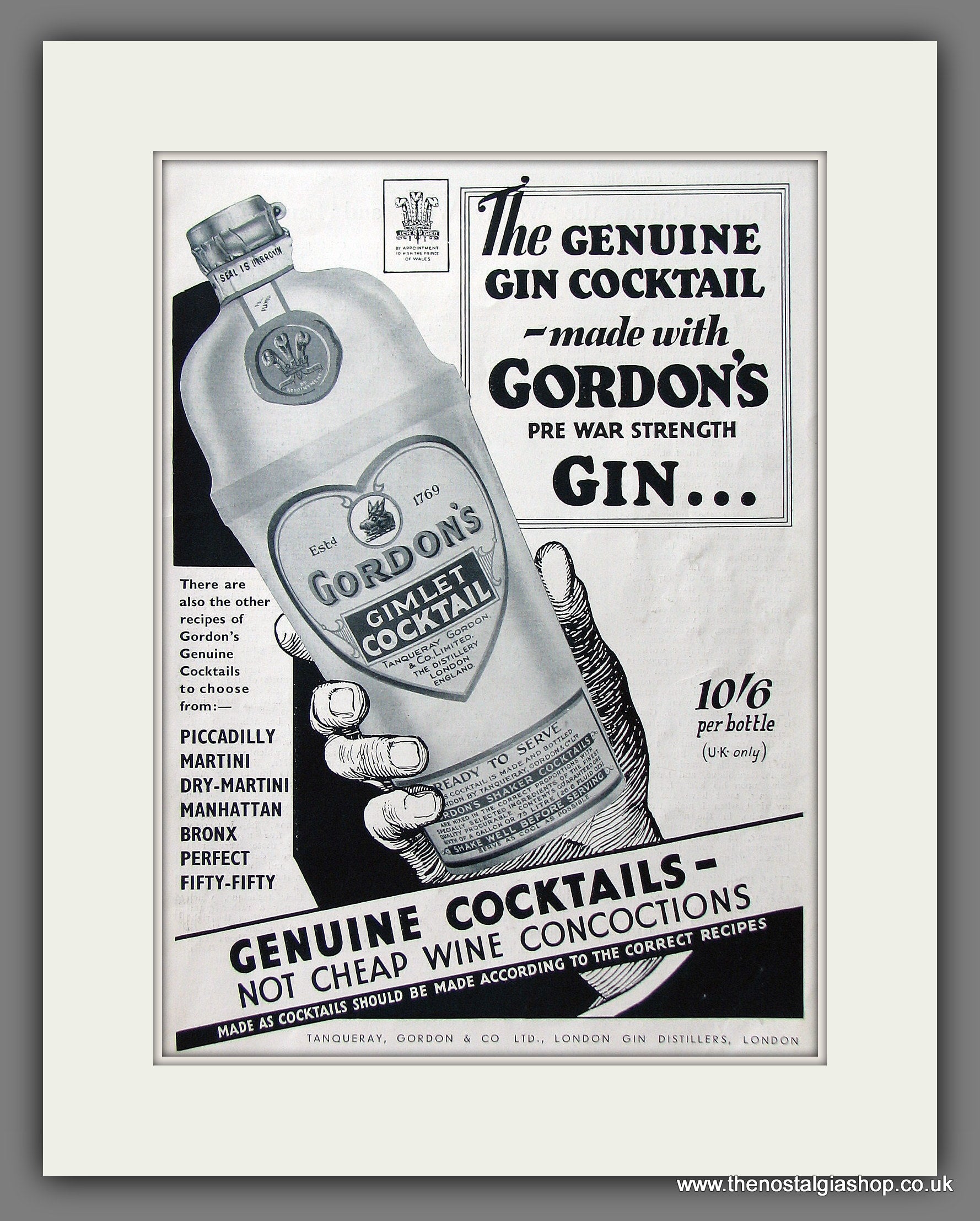 Gordon's Gin. Gimlet Cocktail. Original Advert 1935 (ref AD55556) The