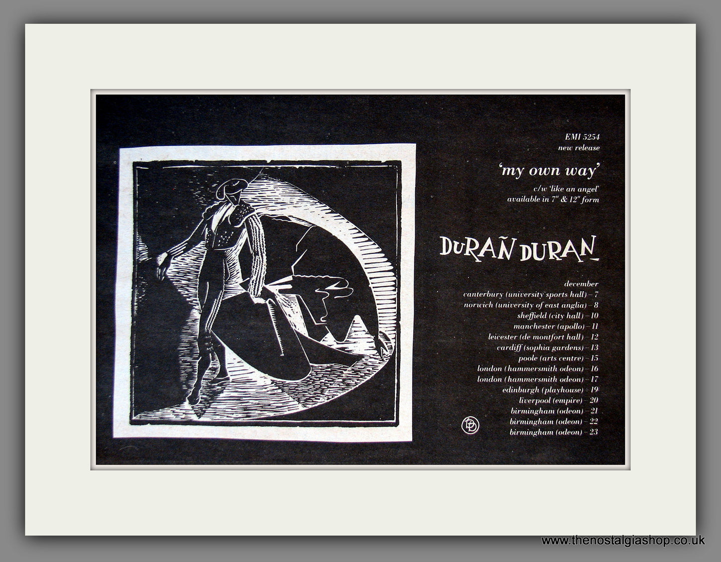 Duran Duran. My Own Way. UK Tour Dates. Vintage Advert 1981 (ref AD55653)