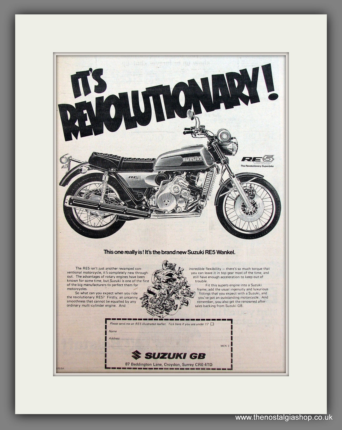 Suzuki RE5 Wankel Motorcycle. Original Advert 1975 (ref AD12919)