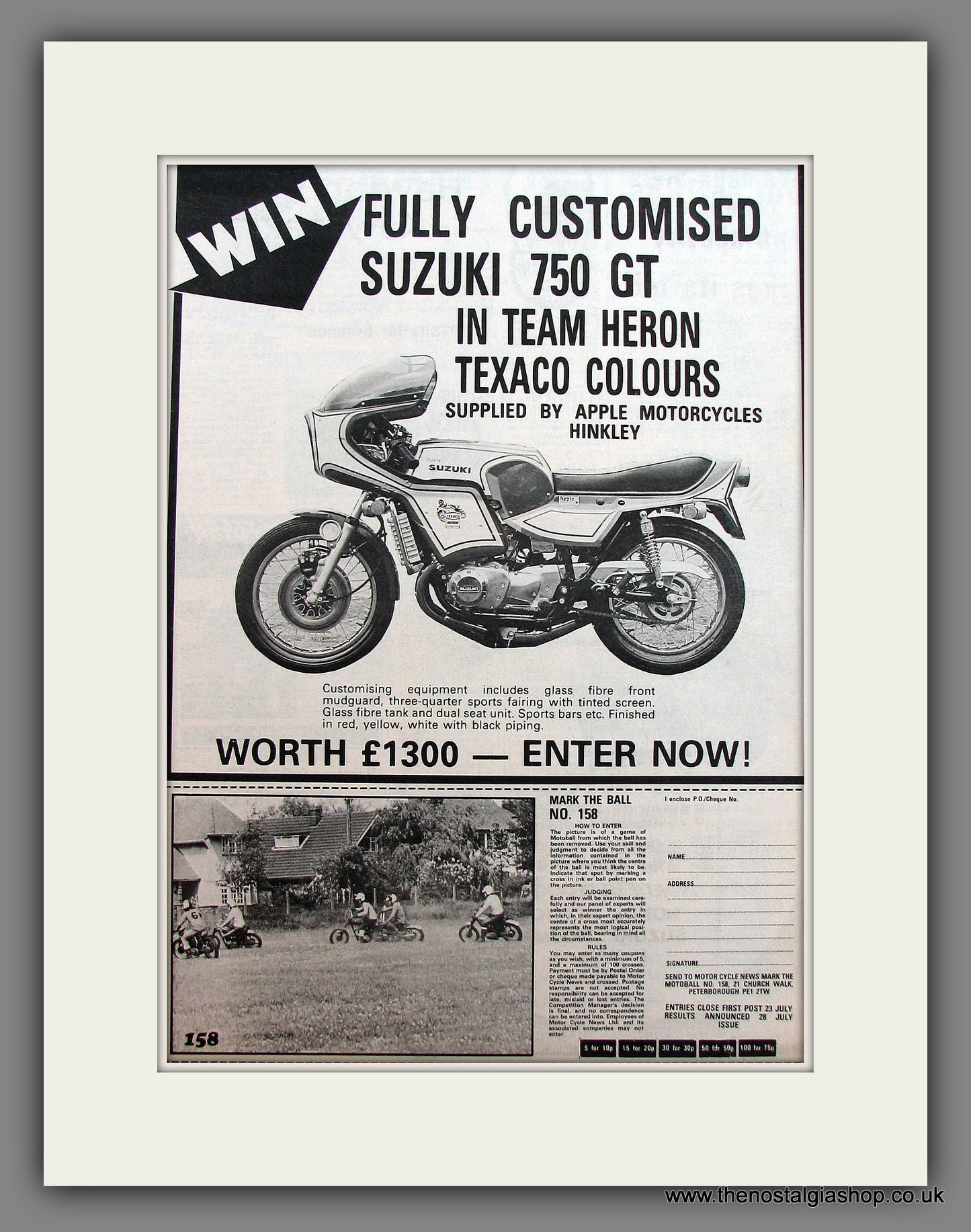 Suzuki 750 GT Motorcycle. Win One!. Original Advert 1976 (ref AD12932)