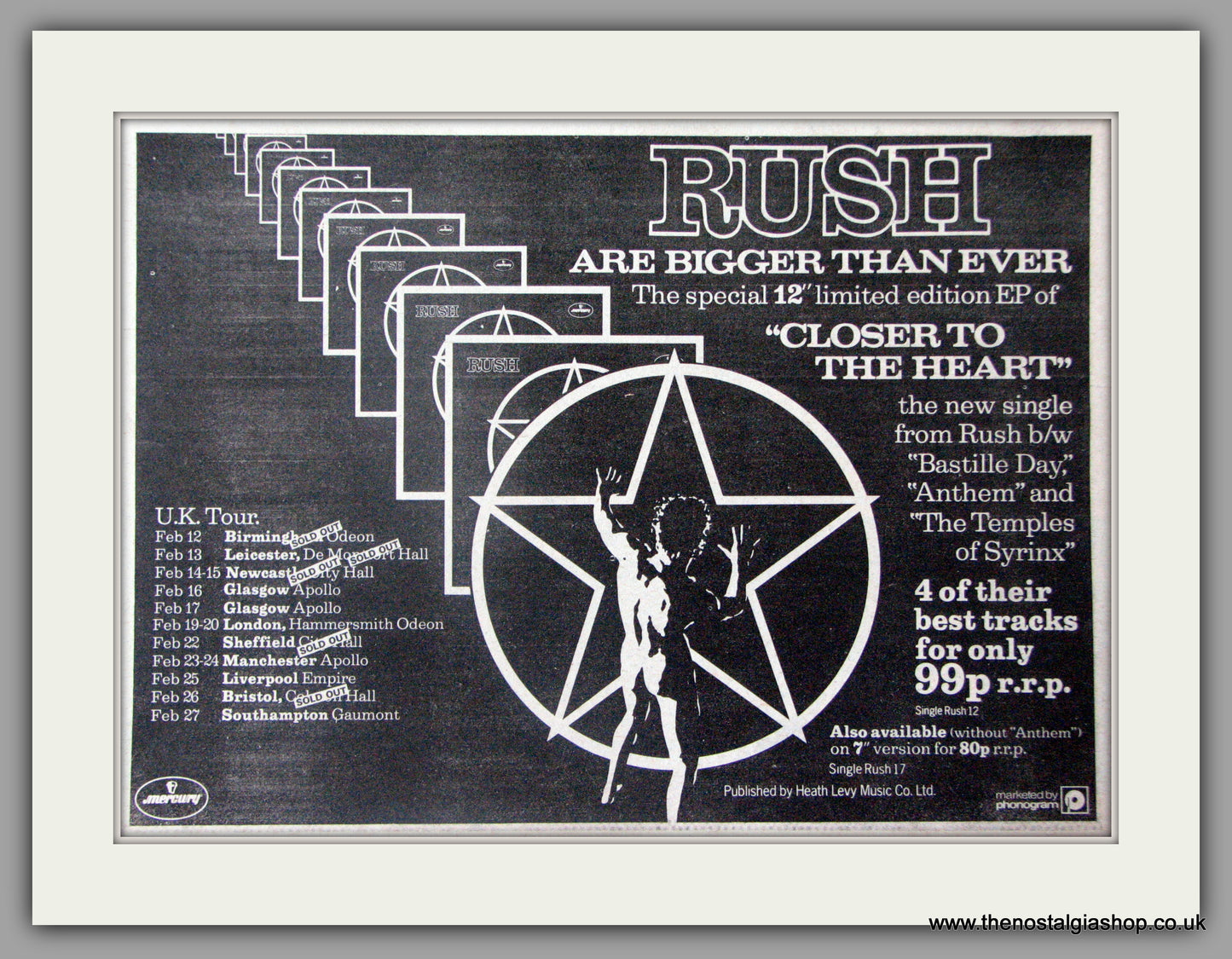 Rush. Closer To The Heart, Plus UK Tour. Vintage Advert 1978 (ref AD50344)