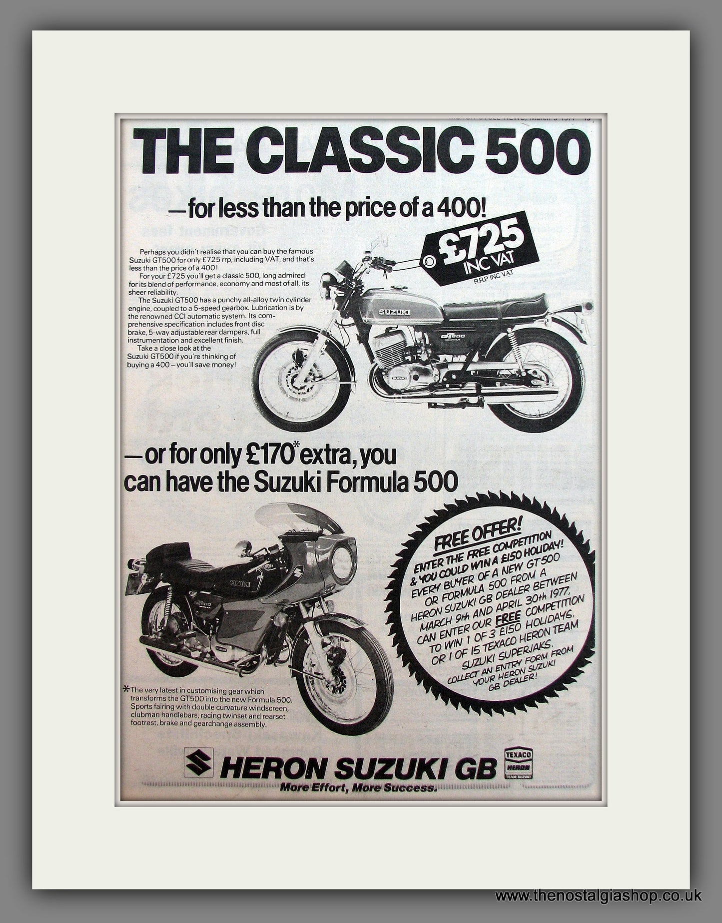 Suzuki GT500 Motorcycle. Original Advert 1977 (ref AD12936)