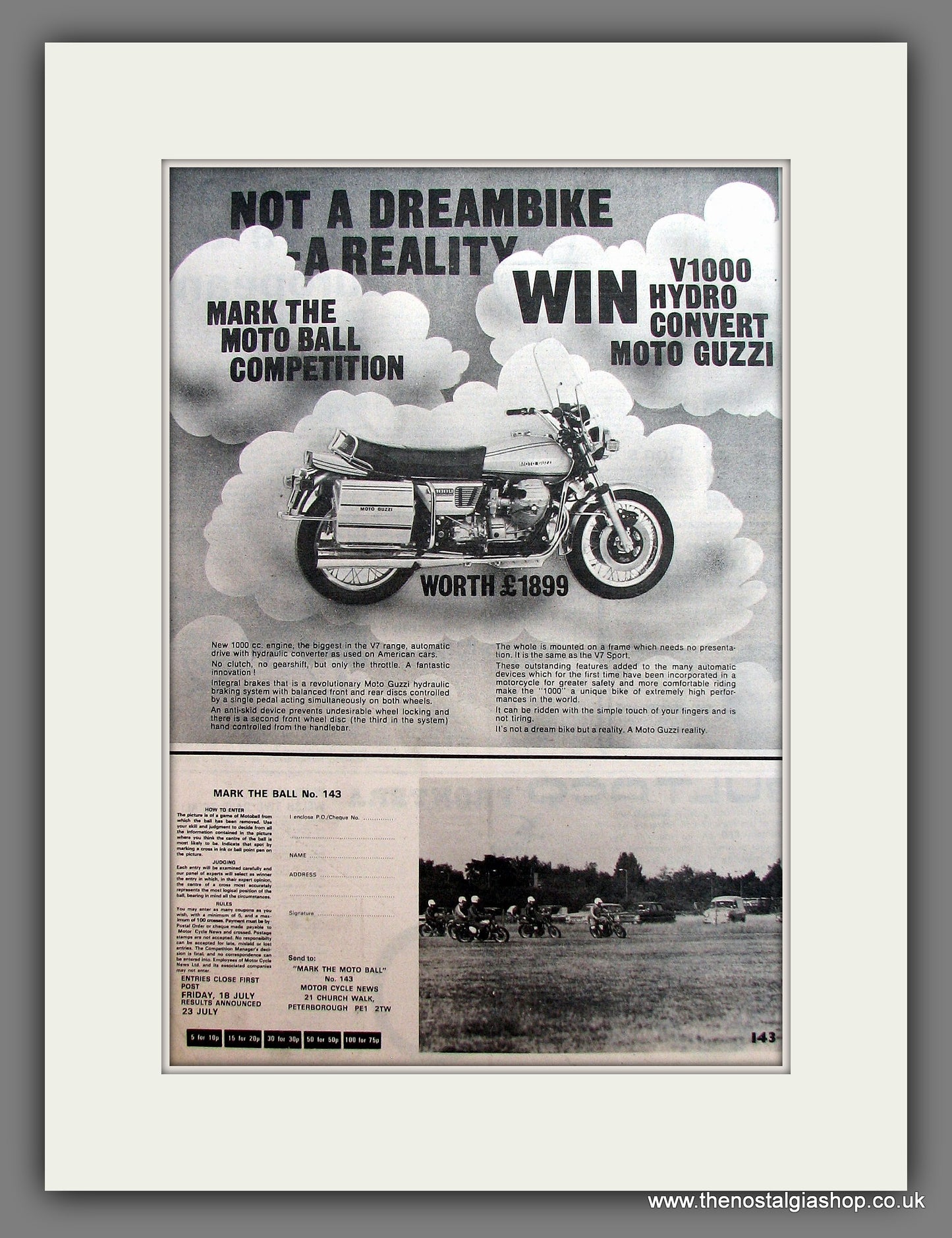Moto Guzzi V1000 Hydro Convert. Win One! Original Advert 1975 (ref AD12965)