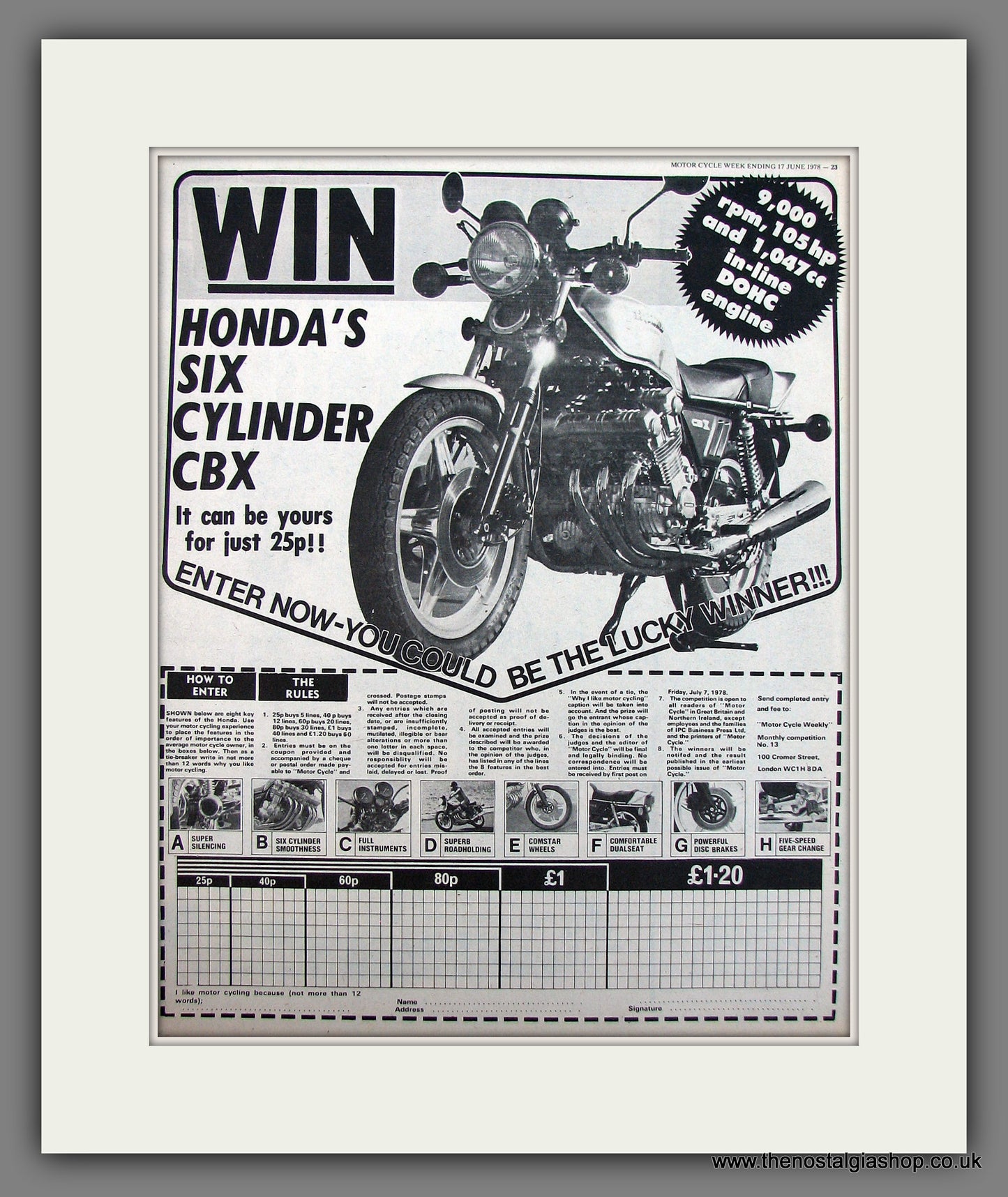 Honda CBX Motorcycle. Win One! Original Advert 1978 (ref AD13006)