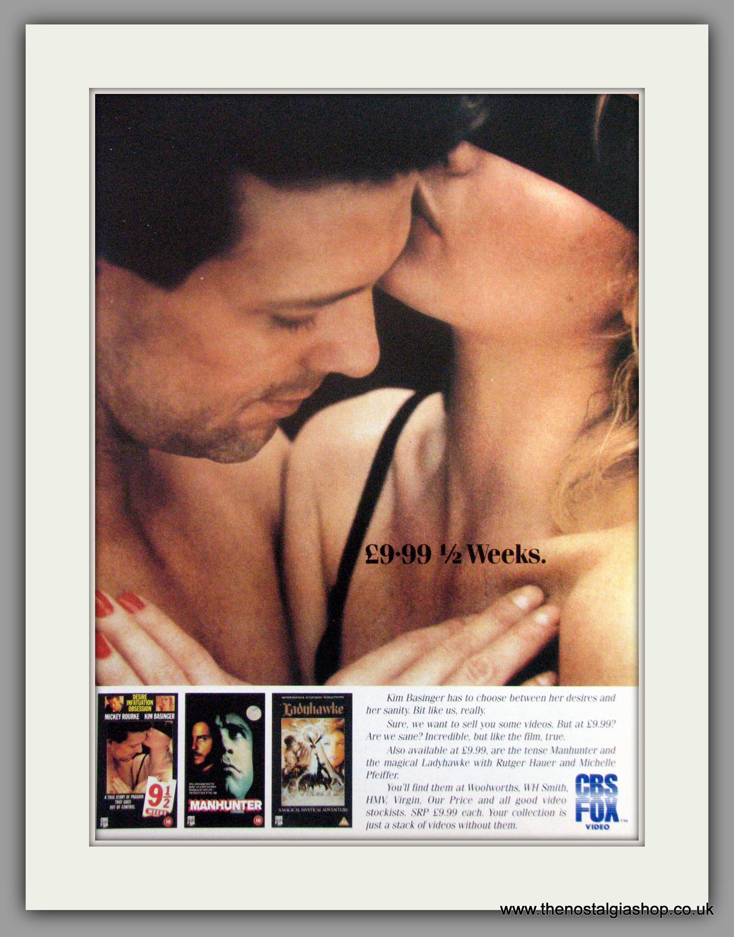 9 1/2 Weeks. Vintage Advert 1991 (ref AD51282)