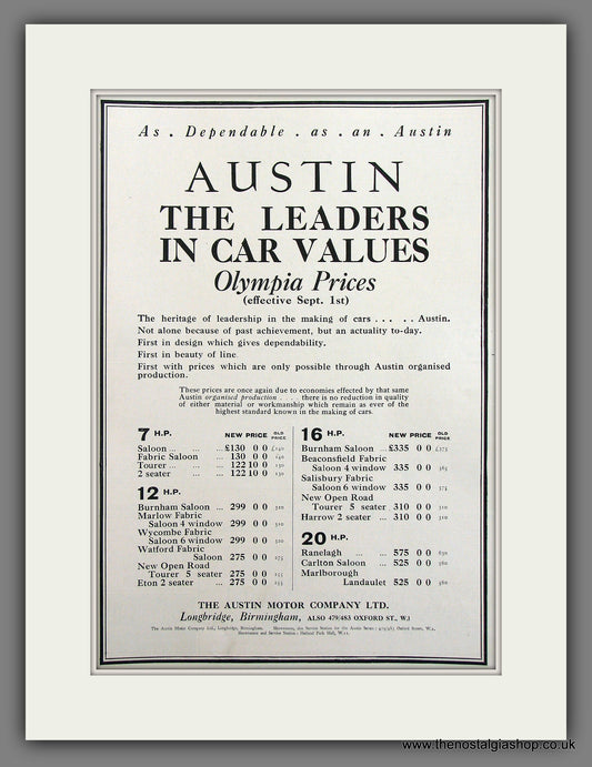 Austin Olympia Prices. Original Advert 1930 (ref AD300012)