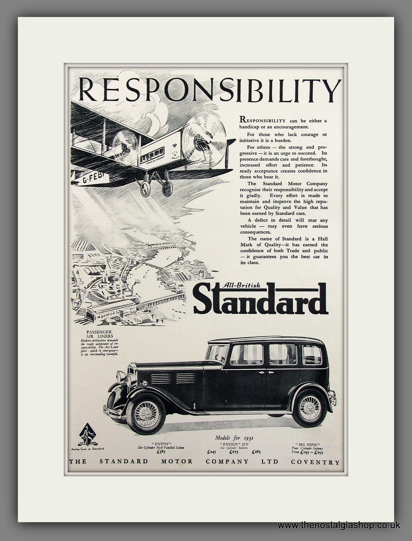 Standard Range for 1931. Responsibility. Original Advert 1931 (ref AD300021)
