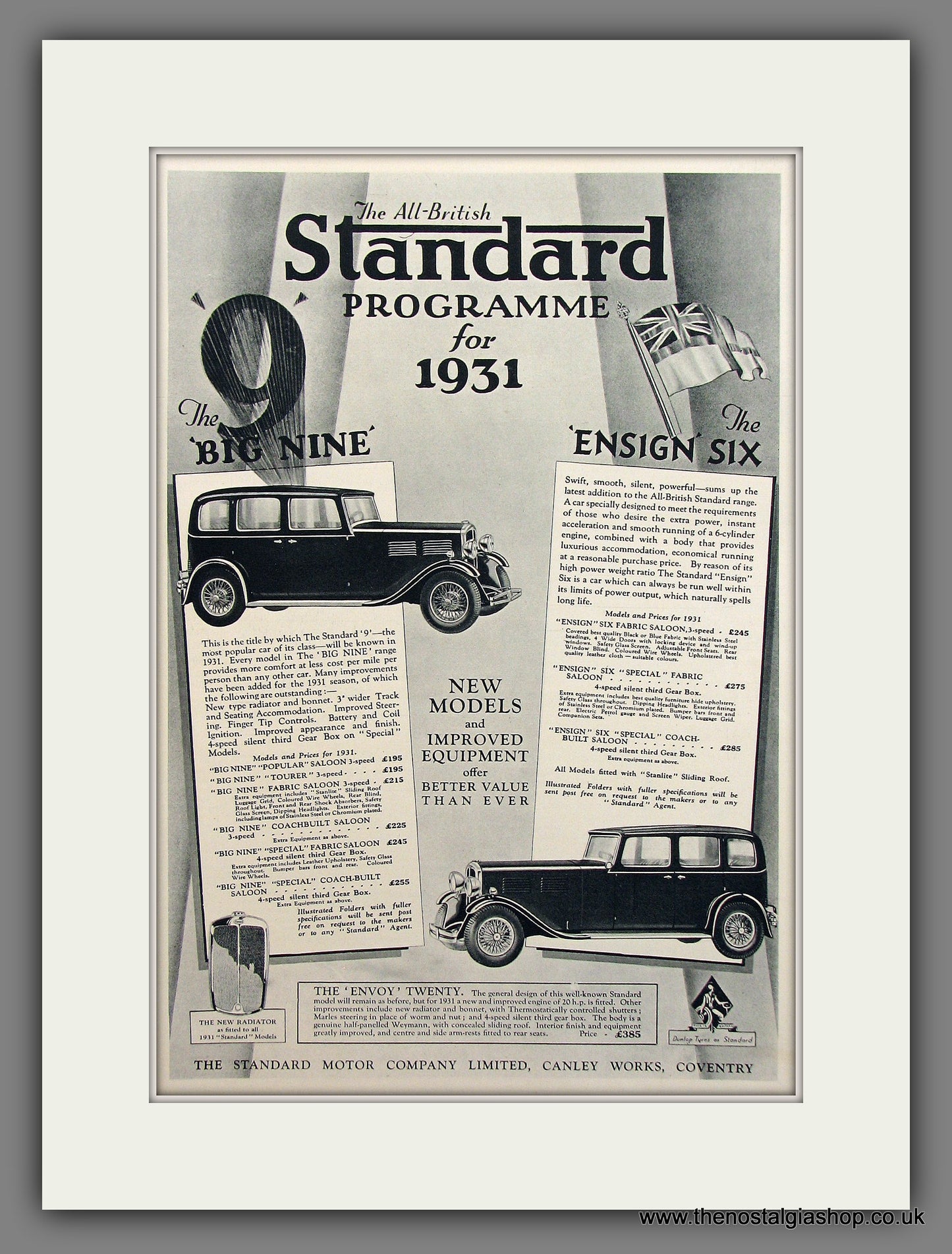 Standard Ensign Six & Big Nine. Original Advert 1930 (ref AD300019)