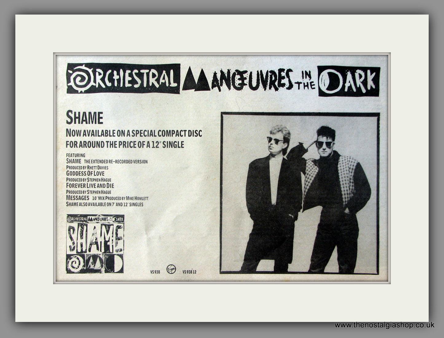 Orchestral Manoeuvres In The Dark. Shame. Vintage Advert 1987 (ref AD51095)