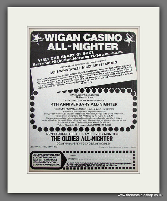 Wigan Casino All Nighter. Soul Club. 4th Anniv. 1977 Original Advert (ref AD55962)