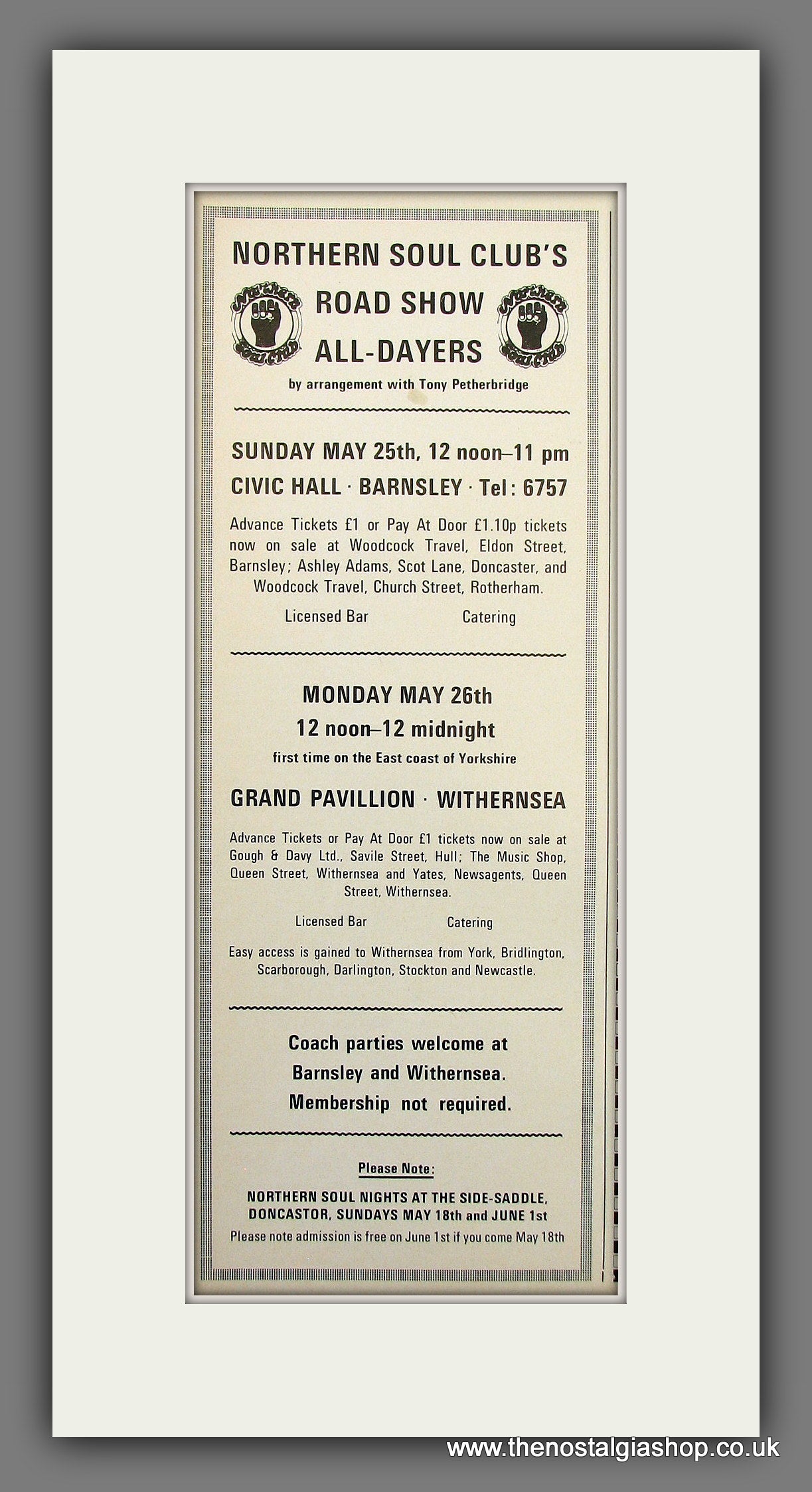 Northern Soul Club's Road Show All-Dayers. 1975 Original Advert (ref AD55979)