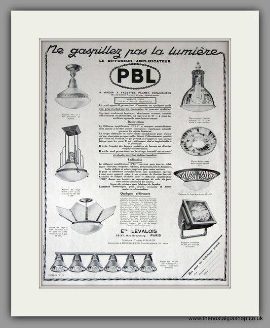 PBL Lamps and Lighting. Original French Advert 1929 (ref AD11443)