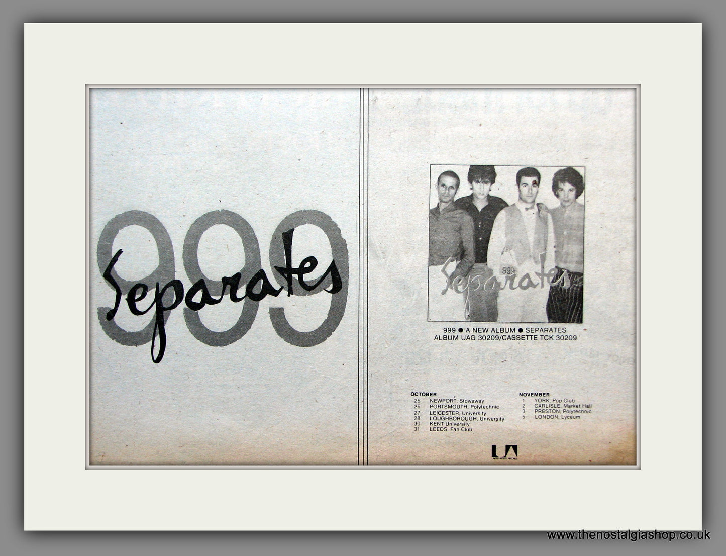 Nine Nine Nine (999) Separates. UK Tour Dates 1978 Original Advert (ref AD51328)